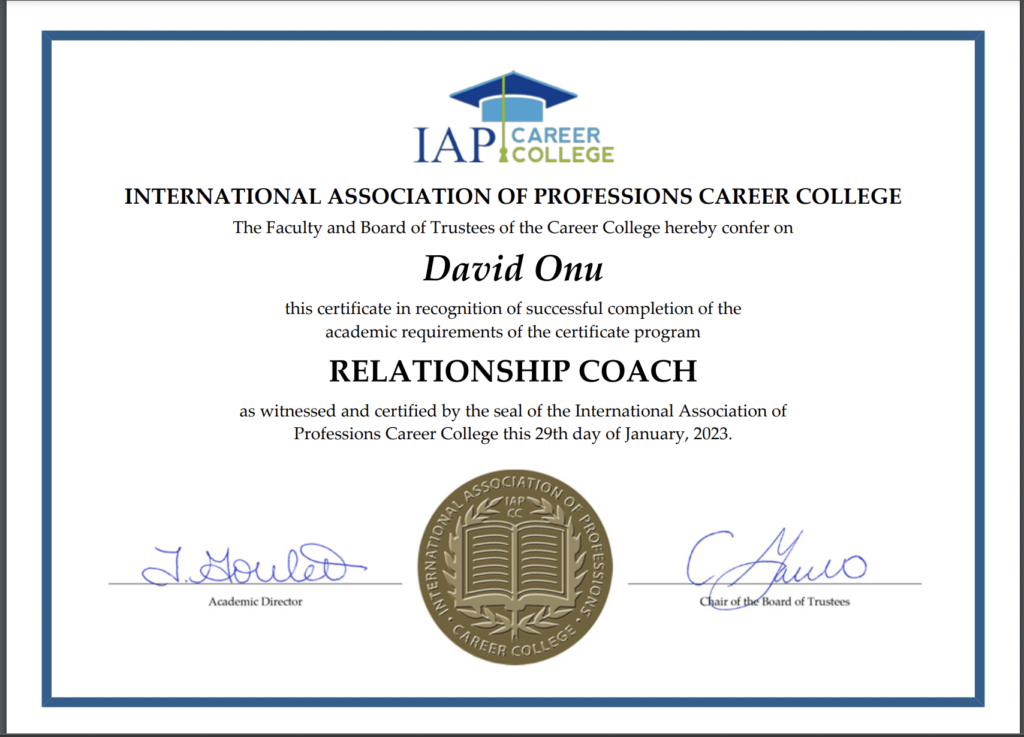 Relationship Coach Certificate awarded by the International Association of Professions Career College