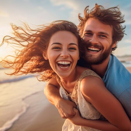 A irresistible spouse leans on his wife's back as they walk besides a beach