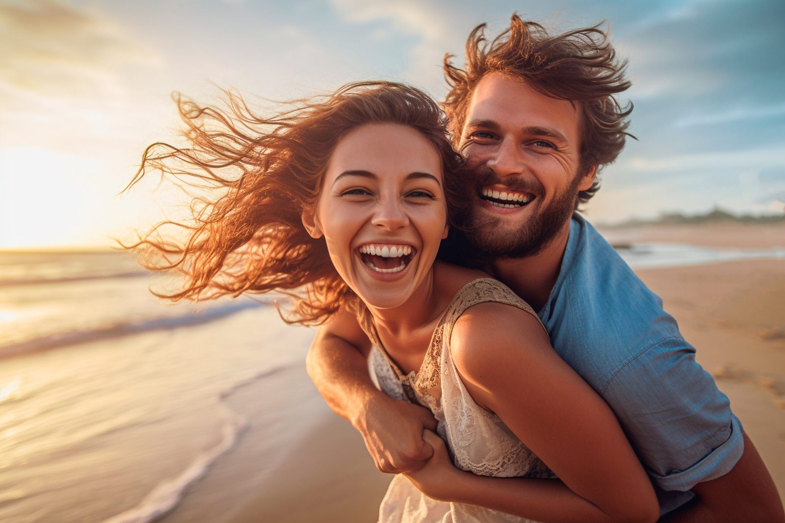A irresistible spouse leans on his wife's back as they walk besides a beach