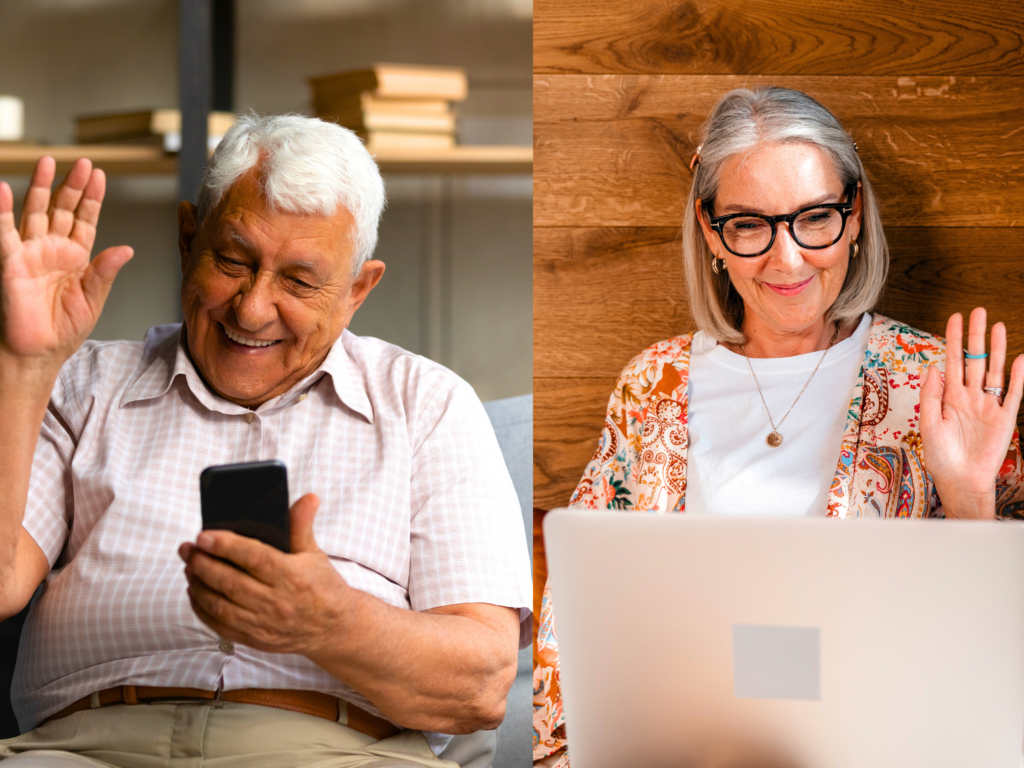 An image of an older couple waving each other good bye during a video call to cement their long-distance relationships